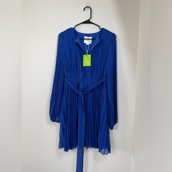 Blue Pleated Long Sleeve SamEdelman Women's Plisse Long-SleeveTie-Waist DressNWT - Picture 2 of 15